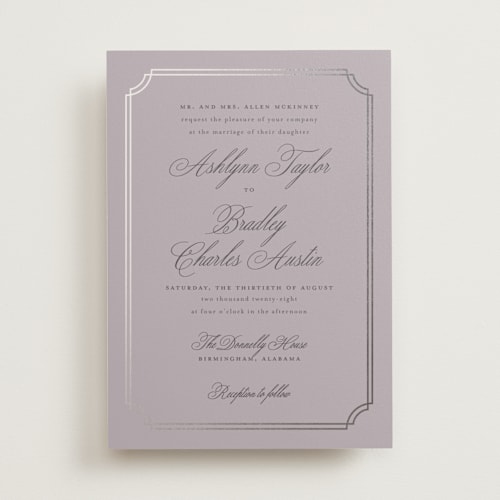 This is a dusty lilac foil stamped wedding invitations with foil pressed by Sarah Brown called formally printing on signature in standard