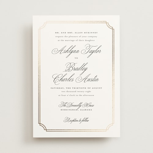 This is a porcelain foil stamped wedding invitations with foil pressed by Sarah Brown called formally printing on signature in standard