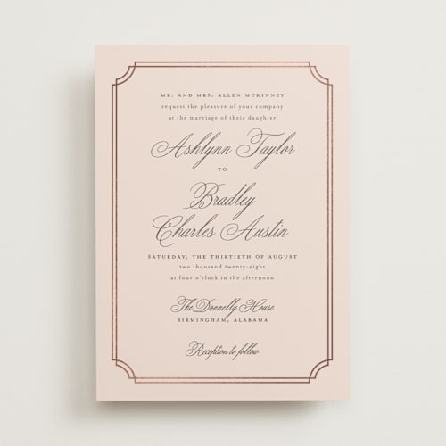 This is a blush foil stamped wedding invitations with foil pressed by Sarah Brown called formally printing on signature in standard