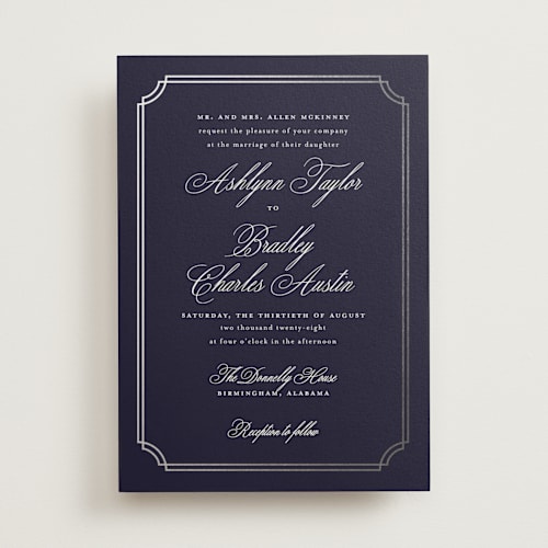 This is a navy foil stamped wedding invitations with foil pressed by Sarah Brown called formally printing on signature in standard
