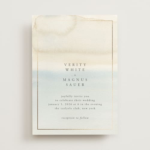 This is a sand foil stamped wedding invitations with foil pressed by Janean Hinger called contemplate printing on signature in standard