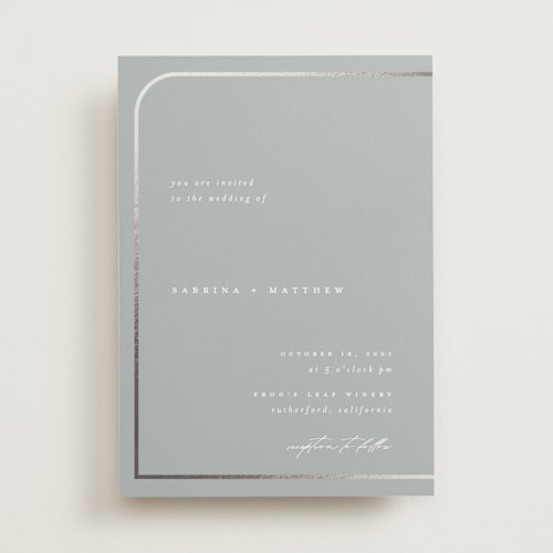 This is a dusty blue foil stamped wedding invitations with foil pressed by Carolyn Nicks called tuxedo printing on signature in standard