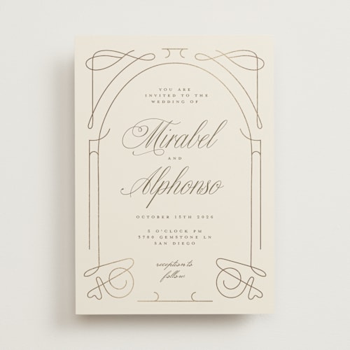 This is a cream foil stamped wedding invitations with foil pressed by Katie Zimpel called simple art nouveau printing on signature in standard