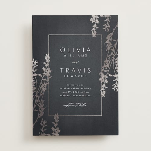 This is a navy foil stamped wedding invitations with foil pressed by Kelly Schmidt called quince printing on signature in standard