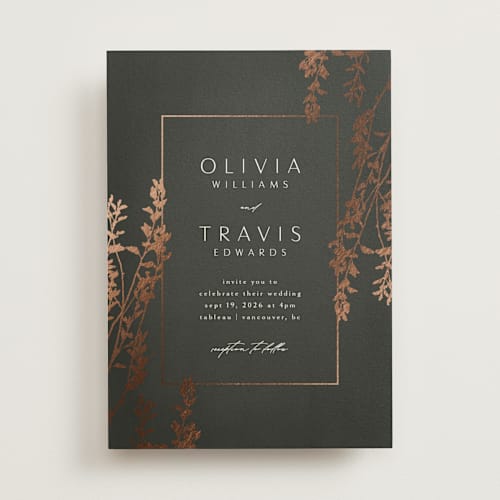 This is a ivy foil stamped wedding invitations with foil pressed by Kelly Schmidt called quince printing on signature in standard