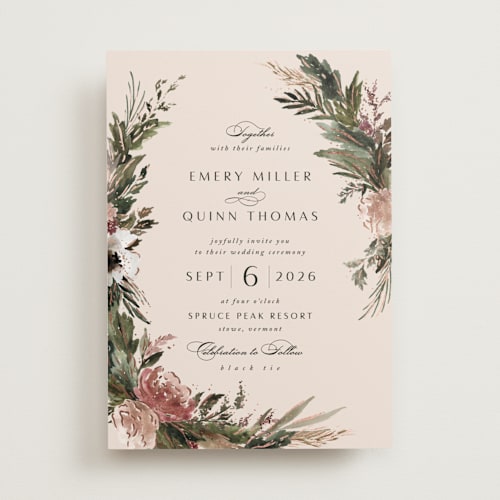 This is a rose quartz foil stamped wedding invitations with foil pressed by Kate Ahn called poetique printing on signature in standard