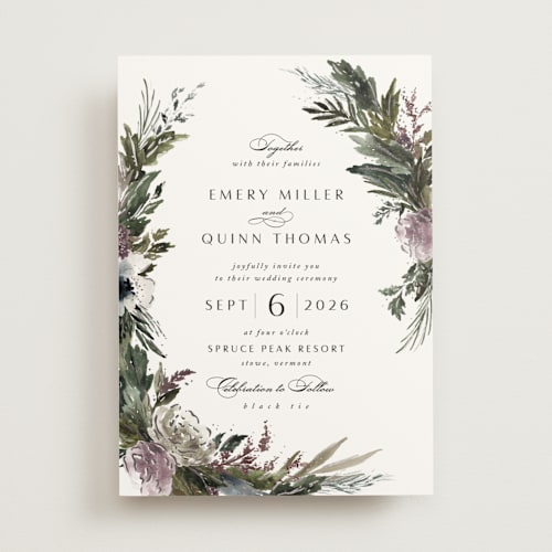 This is a amethyst foil stamped wedding invitations with foil pressed by Kate Ahn called poetique printing on signature in standard