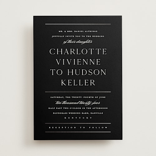 This is a evening foil stamped wedding invitations with foil pressed by Stacey Meacham called heard the news printing on signature in standard