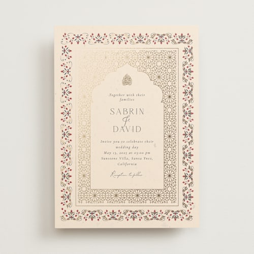 This is a scarlet foil stamped wedding invitations with foil pressed by Sabrin Deirani called islamic arch printing on signature in standard