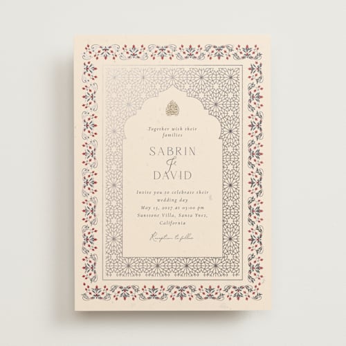 This is a scarlet foil stamped wedding invitations with foil pressed by Sabrin Deirani called islamic arch printing on signature in standard