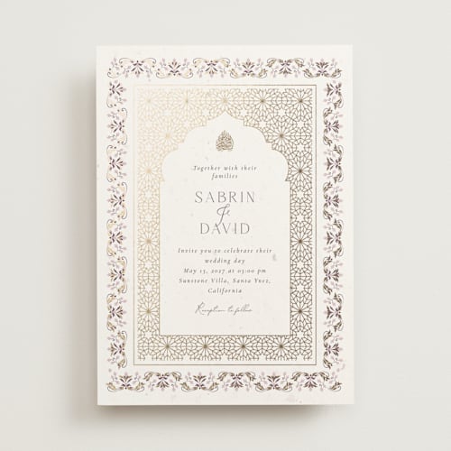 This is a orchid foil stamped wedding invitations with foil pressed by Sabrin Deirani called islamic arch printing on signature in standard
