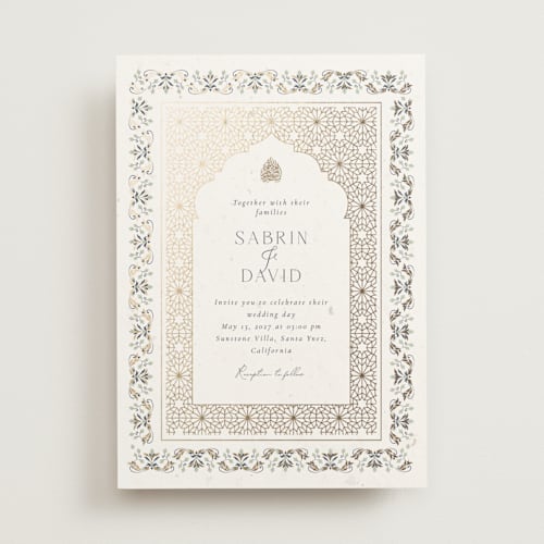 This is a sage foil stamped wedding invitations with foil pressed by Sabrin Deirani called islamic arch printing on signature in standard
