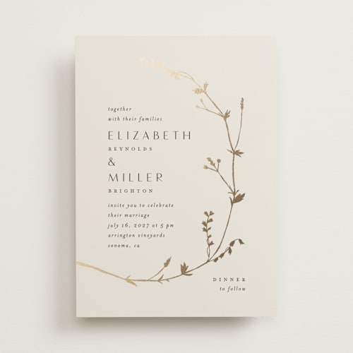 This is a cotton foil stamped wedding invitations with foil pressed by Amy Kross called vine wrap printing on signature in standard