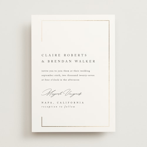 This is a silk foil stamped wedding invitations with foil pressed by Kelly Schmidt called gilded border printing on signature in standard