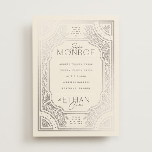 This is a cream foil stamped wedding invitations with foil pressed by GeekInk Design called heirloom branches printing on signature in standard