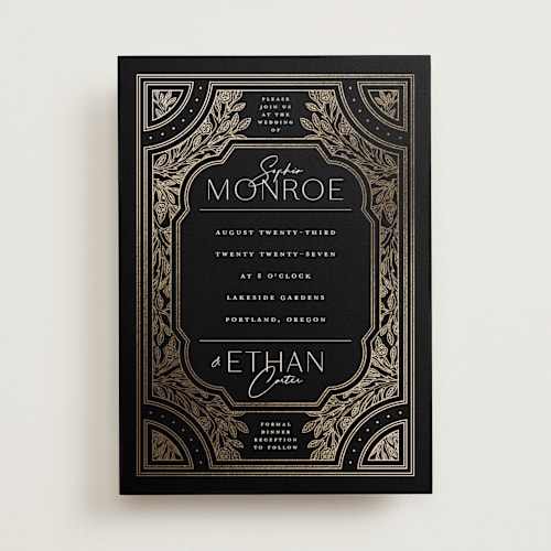 This is a midnight foil stamped wedding invitations with foil pressed by GeekInk Design called heirloom branches printing on signature in standard