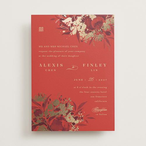 This is a cherry foil stamped wedding invitations with foil pressed by Shannon Chen of Four Wet Feet Studio called happiness printing on signature in standard