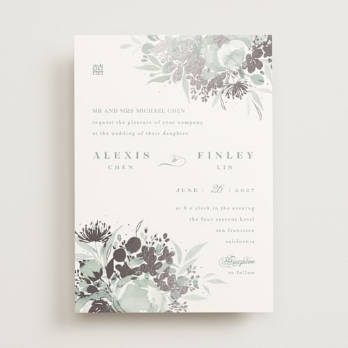 This is a sage foil stamped wedding invitations with foil pressed by Shannon Chen of Four Wet Feet Studio called happiness printing on signature in standard