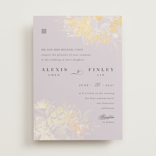 This is a lilac foil stamped wedding invitations with foil pressed by Shannon Chen of Four Wet Feet Studio called happiness printing on signature in standard