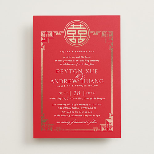 This is a ruby foil stamped wedding invitations with foil pressed by Melanie Kosuge called happiness x 2 printing on signature in standard