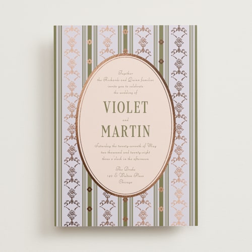 This is a jade foil stamped wedding invitations with foil pressed by Baumbirdy called woven printing on signature in standard