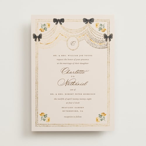 This is a golden foil stamped wedding invitations with foil pressed by Claudia Orengo called tuileries printing on signature in standard