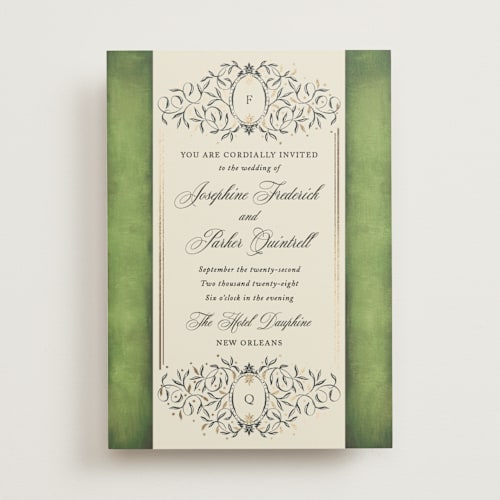 This is a moss foil stamped wedding invitations with foil pressed by Jackie Crawford called josephine printing on signature in standard