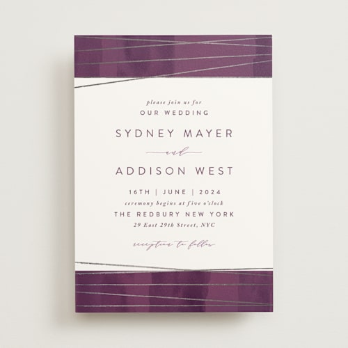 This is a eggplant foil stamped wedding invitations with foil pressed by Hooray Creative called geo chic printing on signature in standard