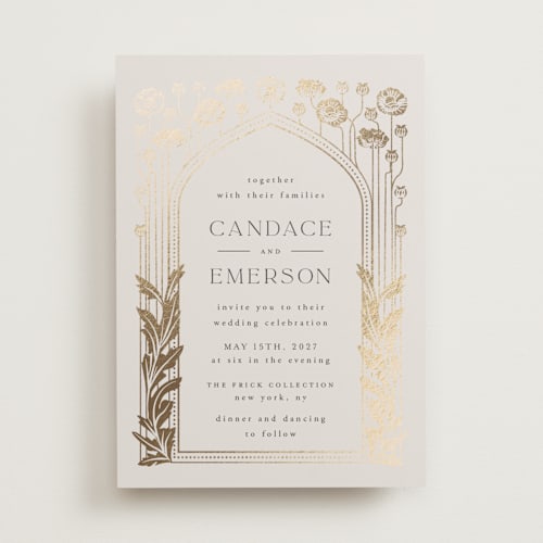 This is a snow foil stamped wedding invitations with foil pressed by Ana de Sousa called nouveau flowers printing on signature in standard