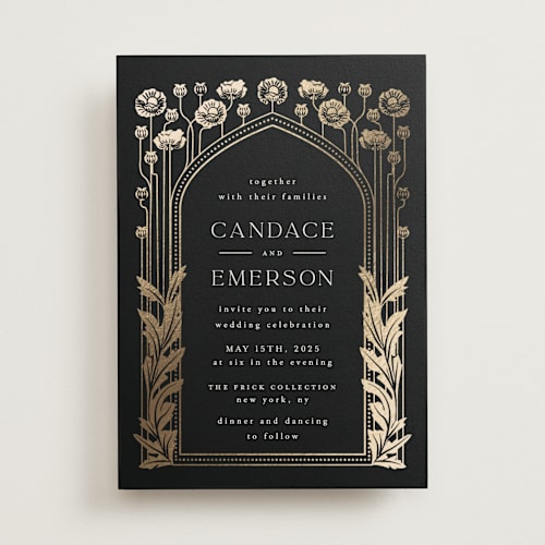 This is a onyx foil stamped wedding invitations with foil pressed by Ana de Sousa called nouveau flowers printing on signature in standard