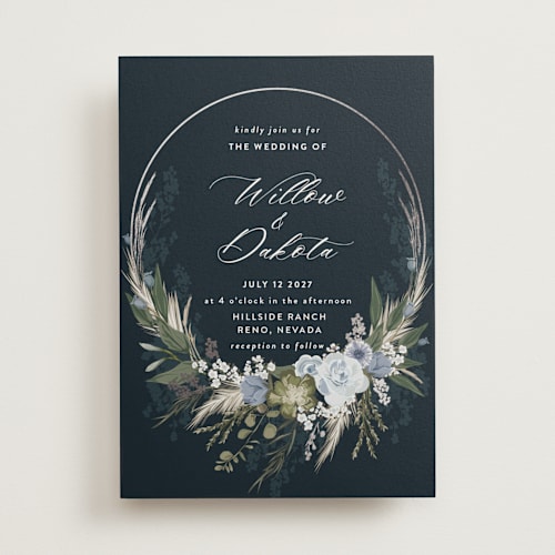 This is a marine foil stamped wedding invitations with foil pressed by Susan Moyal called botanical edge printing on signature in standard