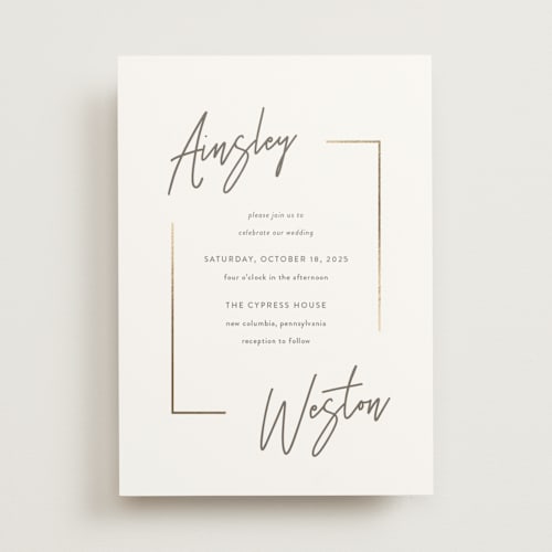 This is a milk white foil stamped wedding invitations with foil pressed by Robin Ott called balanced printing on signature in standard