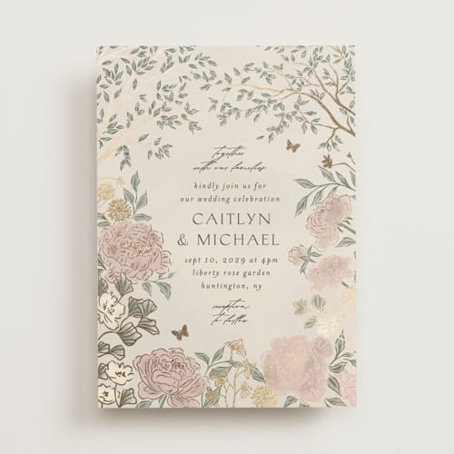 This is a blush meadow foil stamped wedding invitations with foil pressed by Grae called dancing in the garden printing on signature in standard