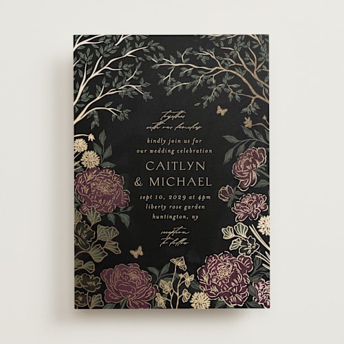 This is a midnight plum foil stamped wedding invitations with foil pressed by Grae called dancing in the garden printing on signature in standard
