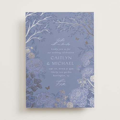 This is a evening periwinkle foil stamped wedding invitations with foil pressed by Grae called dancing in the garden printing on signature in standard