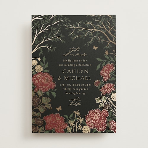 This is a royal garnet foil stamped wedding invitations with foil pressed by Grae called dancing in the garden printing on signature in standard