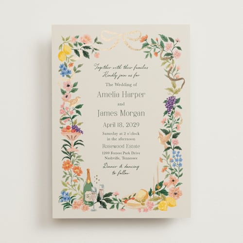 This is a garden foil stamped wedding invitations with foil pressed by Elly called garden feast printing on signature in standard