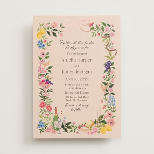 This is a blush foil stamped wedding invitations with foil pressed by Elly called garden feast printing on signature in standard