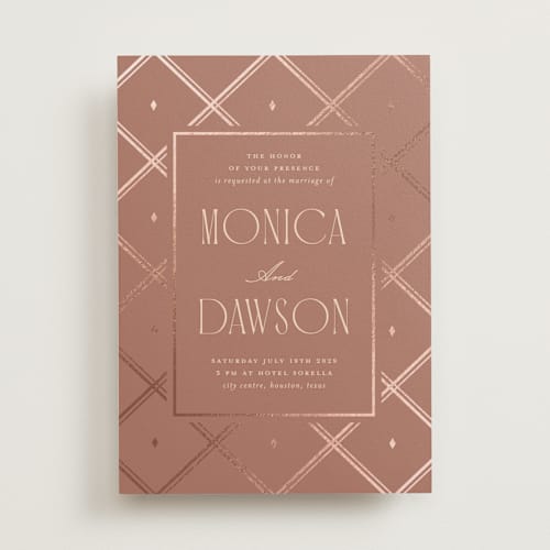 This is a dusty rose foil stamped wedding invitations with foil pressed by Kristin Oliversen called luxe lines printing on signature in standard