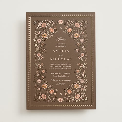 This is a chocolate foil stamped wedding invitations with foil pressed by Paola Benenati called blooming path printing on signature in standard