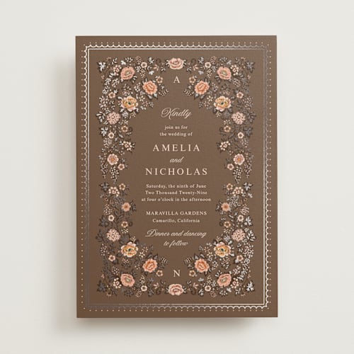 This is a chocolate foil stamped wedding invitations with foil pressed by Paola Benenati called blooming path printing on signature in standard