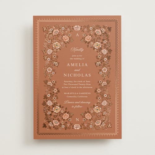 This is a sunset foil stamped wedding invitations with foil pressed by Paola Benenati called blooming path printing on signature in standard