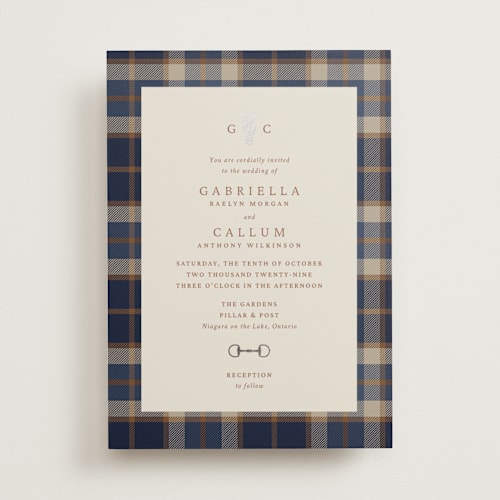 This is a midnight foil stamped wedding invitations with foil pressed by Sam Dubeau called equestrian printing on signature in standard