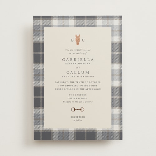 This is a pewter foil stamped wedding invitations with foil pressed by Sam Dubeau called equestrian printing on signature in standard