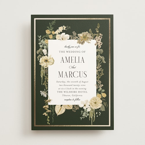 This is a gilded honey foil stamped wedding invitations with foil pressed by Susan Moyal called flouriishing printing on signature in standard