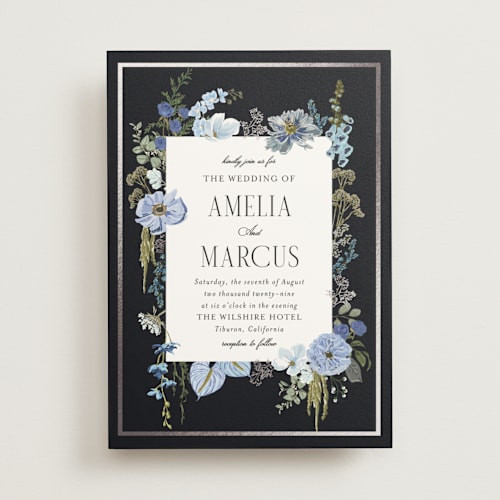 This is a ocean foil stamped wedding invitations with foil pressed by Susan Moyal called flouriishing printing on signature in standard