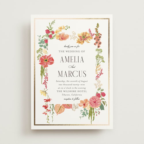 This is a tropical foil stamped wedding invitations with foil pressed by Susan Moyal called flouriishing printing on signature in standard