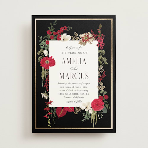 This is a crimson foil stamped wedding invitations with foil pressed by Susan Moyal called flouriishing printing on signature in standard