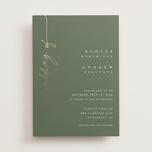 This is a eucalyptus foil stamped wedding invitations with foil pressed by Pippa Shaw called silk printing on signature in standard