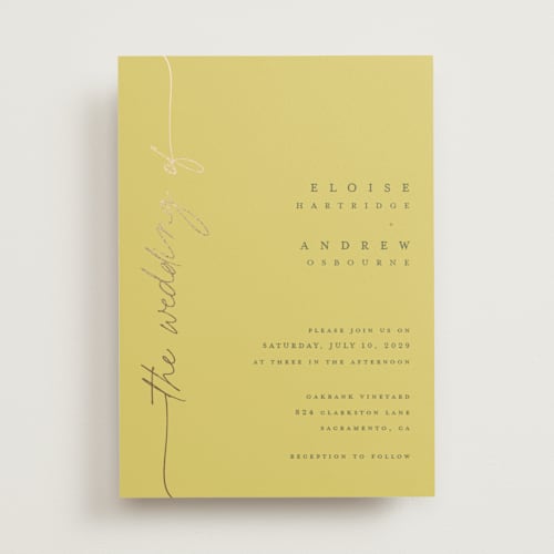 This is a citrus foil stamped wedding invitations with foil pressed by Pippa Shaw called silk printing on signature in standard